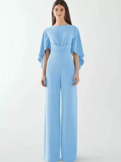 Evening Dress Jumpsuit Jewel Neck Stretch Crepe Floor-Length Sash Formal Dinner Dresses