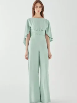 Evening Dress Jumpsuit Jewel Neck Stretch Crepe Floor-Length Sash Formal Dinner Dresses