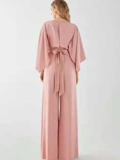 Evening Dress Jumpsuit Jewel Neck Stretch Crepe Floor-Length Sash Formal Dinner Dresses