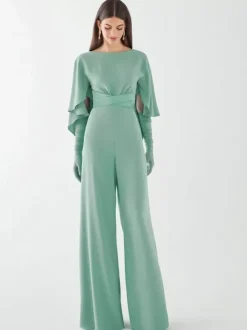 Evening Dress Jumpsuit Jewel Neck Stretch Crepe Floor-Length Sash Formal Dinner Dresses