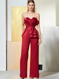 Evening Dress Jumpsuit Sweetheart Neck Satin Fabric Floor-Length Pleated Formal Party Dresses