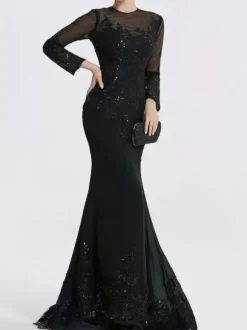 Evening Dress Mermaid Jewel Neck Court Train Long Sleeves Zipper Applique Sequined Formal Party Dresses