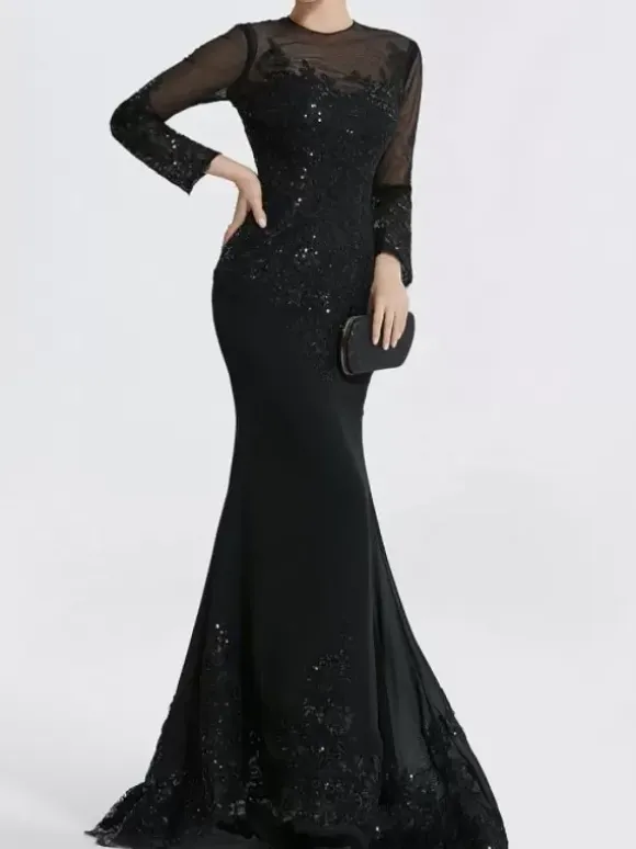 Evening Dress Mermaid Jewel Neck Court Train Long Sleeves Zipper Applique Sequined Formal Party Dresses
