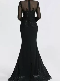 Evening Dress Mermaid Jewel Neck Court Train Long Sleeves Zipper Applique Sequined Formal Party Dresses