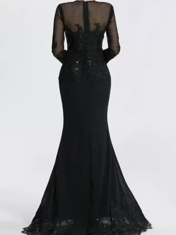 Evening Dress Mermaid Jewel Neck Court Train Long Sleeves Zipper Applique Sequined Formal Party Dresses