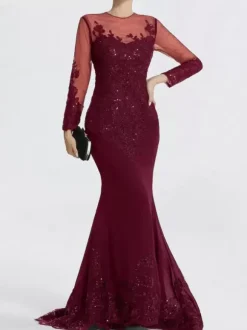 Evening Dress Mermaid Jewel Neck Court Train Long Sleeves Zipper Applique Sequined Formal Party Dresses