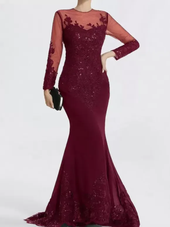 Evening Dress Mermaid Jewel Neck Court Train Long Sleeves Zipper Applique Sequined Formal Party Dresses