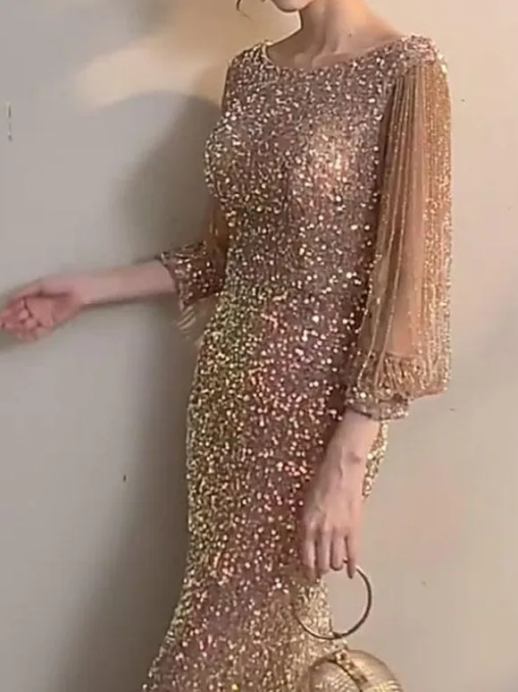 Evening Dress Mermaid Jewel Neck Floor-Length Long Sleeves Zipper Sequined Formal Party Dresses