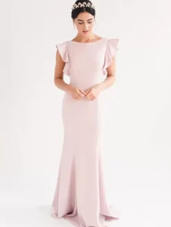 Evening Dress Mermaid Jewel Neck With Train Short Sleeves Backless Ruffles Satin Fabric Formal Dinner Dresses