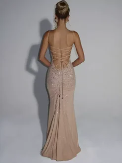 Evening Dress Mermaid Off-The-Shoulder Floor-Length Sleeveless Lace-up Beaded Tulle Formal Party Dresses