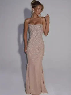 Evening Dress Mermaid Off-The-Shoulder Floor-Length Sleeveless Lace-up Beaded Tulle Formal Party Dresses