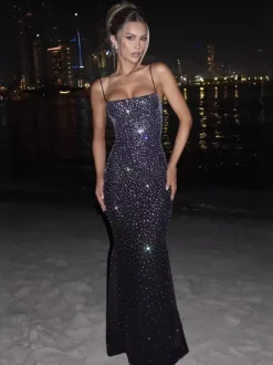 Evening Dress Mermaid Off-The-Shoulder Floor-Length Sleeveless Lace-up Beaded Tulle Formal Party Dresses