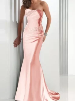 Evening Dress Mermaid Sweetheart Neck Satin Fabric With Train Pleated Social Party Dresses