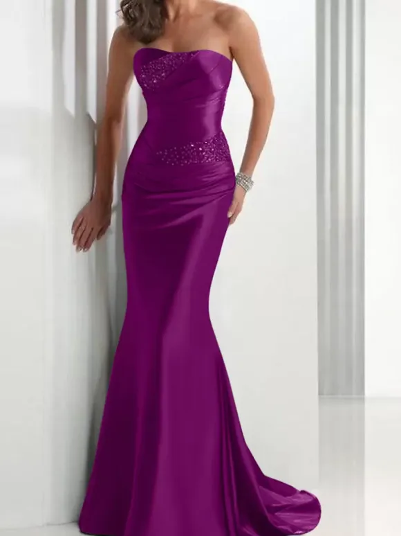 Evening Dress Mermaid Sweetheart Neck Satin Fabric With Train Pleated Social Party Dresses