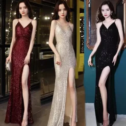 Evening Dress Mermaid V-Neck Sequined Floor-Length Split Front Social Party Dresses