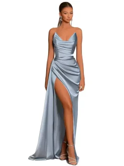 Evening Dress Mermaid V-Neck Satin Fabric With Train Formal Party Dresses