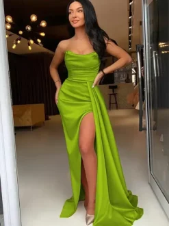 Evening Dress Sheath Bateau Neck Elastic Woven Satin With Train Split Front Formal Party Dresses