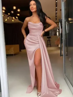 Evening Dress Sheath Bateau Neck Elastic Woven Satin With Train Split Front Formal Party Dresses