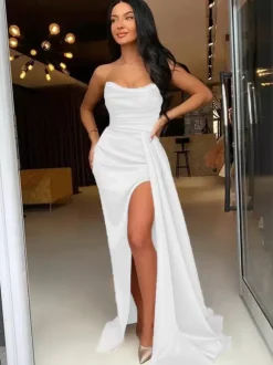 Evening Dress Sheath Bateau Neck Elastic Woven Satin With Train Split Front Formal Party Dresses