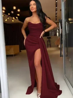 Evening Dress Sheath Bateau Neck Elastic Woven Satin With Train Split Front Formal Party Dresses