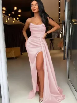 Evening Dress Sheath Bateau Neck Elastic Woven Satin With Train Split Front Formal Party Dresses