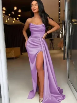 Evening Dress Sheath Bateau Neck Elastic Woven Satin With Train Split Front Formal Party Dresses
