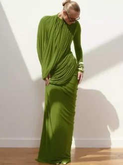 Evening Dress Sheath Designed Neckline Floor-Length Pleated Social Party Dresses