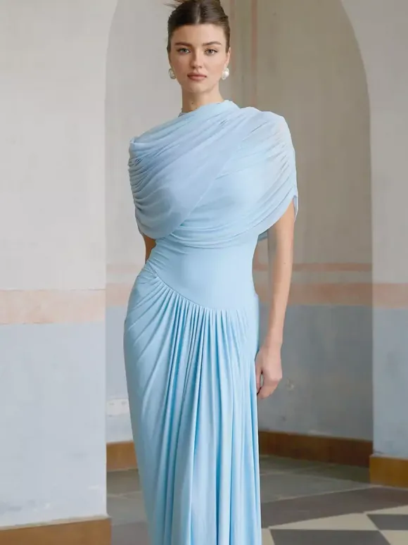 Evening Dress Sheath Designed Neckline Pleated Social Party Dresses