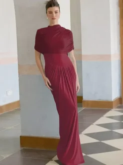 Evening Dress Sheath Designed Neckline Pleated Social Party Dresses