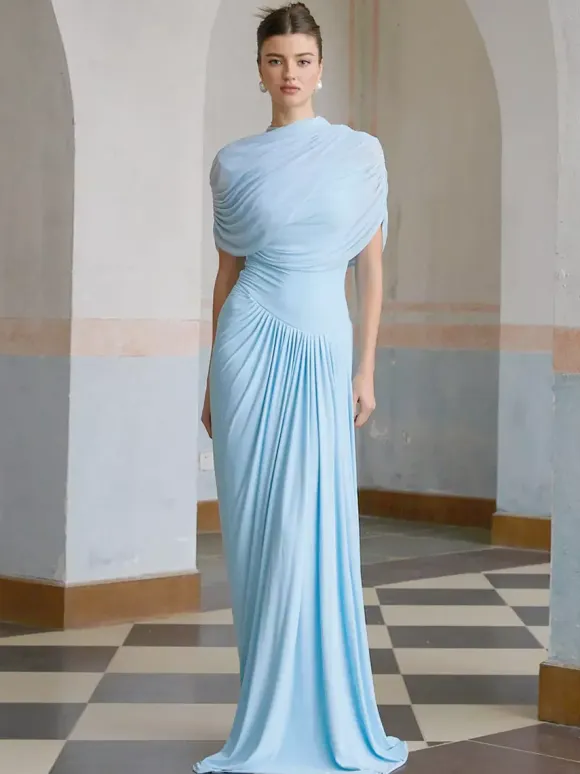 Evening Dress Sheath Designed Neckline Pleated Social Party Dresses