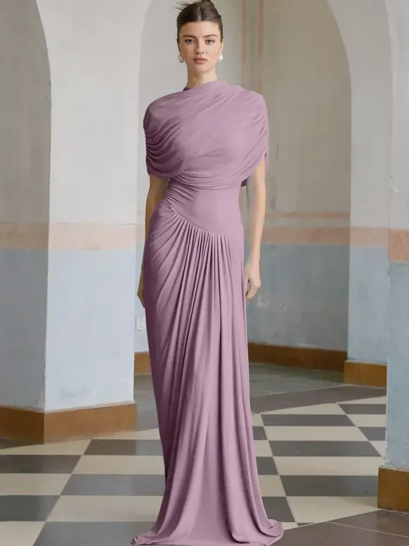 Evening Dress Sheath Designed Neckline Pleated Social Party Dresses