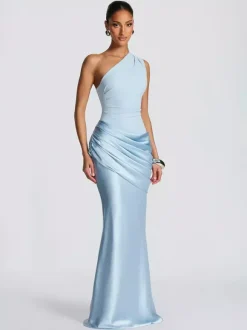 Evening Elegance Asymmetric Satin Maxi Dress In Deep Burgundy Flattering For Every Figure