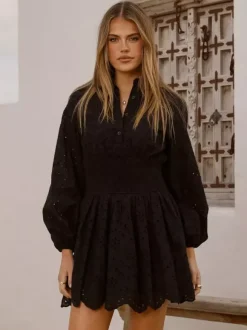 Eyelet Long Sleeve Mini Dress For Women - Boho Smocked Waist Flare Hem Skater Dress - Spring Beach Vacation 2026
