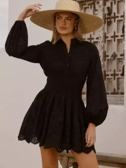 Eyelet Long Sleeve Mini Dress For Women - Boho Smocked Waist Flare Hem Skater Dress - Spring Beach Vacation 2026