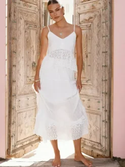 Eyelet Cotton Two Piece Set For Women - White Boho Camisole Tiered Maxi Skirt - Summer Beach Party 2026