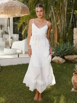 Eyelet Cotton Two Piece Set For Women - White Boho Camisole Tiered Maxi Skirt - Summer Beach Party 2026