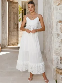 Eyelet Cotton Two Piece Set For Women - White Boho Camisole Tiered Maxi Skirt - Summer Beach Party 2026