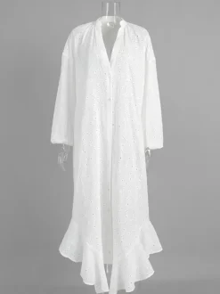 Eyelet Embroidery Maxi Dress For Women - White Boho V-Neck Oversized Ruffle Hem Kaftan - Summer Beach Vacation 2026