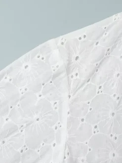 Eyelet Embroidery Maxi Dress For Women - White Boho V-Neck Oversized Ruffle Hem Kaftan - Summer Beach Vacation 2026