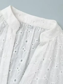 Eyelet Embroidery Maxi Dress For Women - White Boho V-Neck Oversized Ruffle Hem Kaftan - Summer Beach Vacation 2026