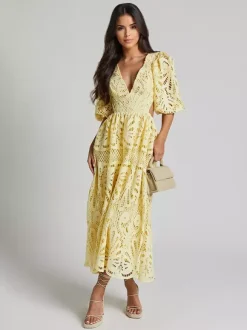 Eyelet Lace Long Tea Dress for Women - Deep V Neck Puff Sleeve A Line Prom Gown - Summer Wedding Guest 2026