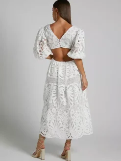 Eyelet Lace Long Tea Dress for Women - Deep V Neck Puff Sleeve A Line Prom Gown - Summer Wedding Guest 2026