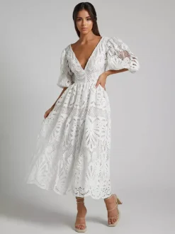 Eyelet Lace Long Tea Dress for Women - Deep V Neck Puff Sleeve A Line Prom Gown - Summer Wedding Guest 2026
