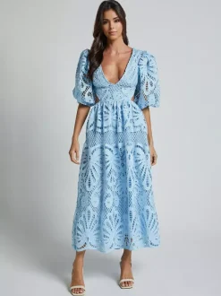 Eyelet Lace Long Tea Dress for Women - Deep V Neck Puff Sleeve A Line Prom Gown - Summer Wedding Guest 2026