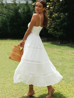 Eyelet Lace Maxi Slip Dress for Women - White Boho Tiered Spaghetti Strap Sun Dress - Summer Beach Resort 2026