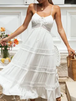 Eyelet Lace Maxi Slip Dress for Women - White Boho Tiered Spaghetti Strap Sun Dress - Summer Beach Resort 2026