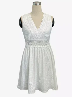 Eyelet Lace Mini Dress for Women - White Boho V Neck Sleeveless Fit and Flare A-Line Sundress - Summer Beach Vacation 2026