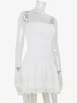 Eyelet Lace Mini Dress For Women - White Smocked Strapless Ruffle Tube Sundress - Summer Beach Vacation 2026