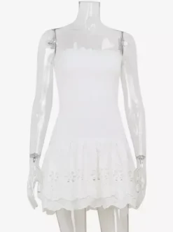 Eyelet Lace Mini Dress For Women - White Smocked Strapless Ruffle Tube Sundress - Summer Beach Vacation 2026