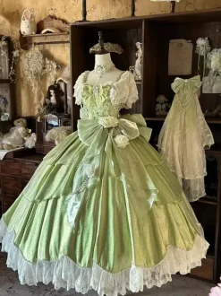 Fairy Lolita Dresses Pink Ball Gown Beaded Flowers Back Bow Lace Bandage Lace Sleeves Lolita Dress